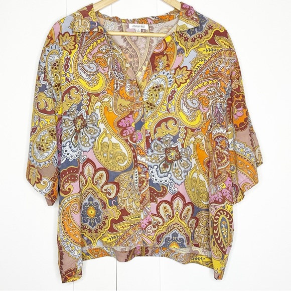 JOHNNY WAS Brooklyn Paisley Silk Set XL yellow purple pajama pants short sleeve - Picture 5 of 16